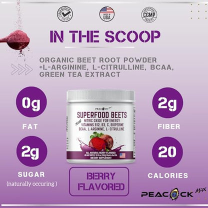 Peacock Max Superfoods Blend Immunity Support Vegan Gluten Free (Beets Nitric Oxide B12 Powder) Peacock MaxUS supplements