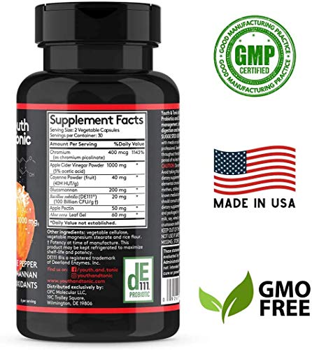 Youth & Tonic Natural Appetite Suppressant for Weight Loss / 1000 mg Apple Cider Youth & TonicUS supplements
