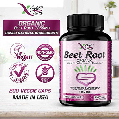 Organic Beet Root Powder 1350mg 200 Veggie caps Superfood Nitric Oxide Strongest X Gold HealthUS supplements