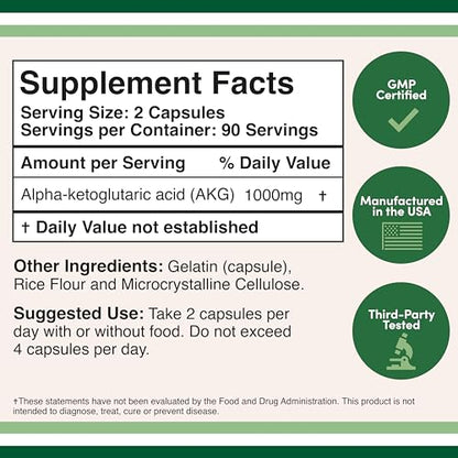 AKG Supplement (Alpha Ketoglutaric Acid) 1,000mg Per Serving (180 Capsules) Different Double Wood SupplementsUS supplements