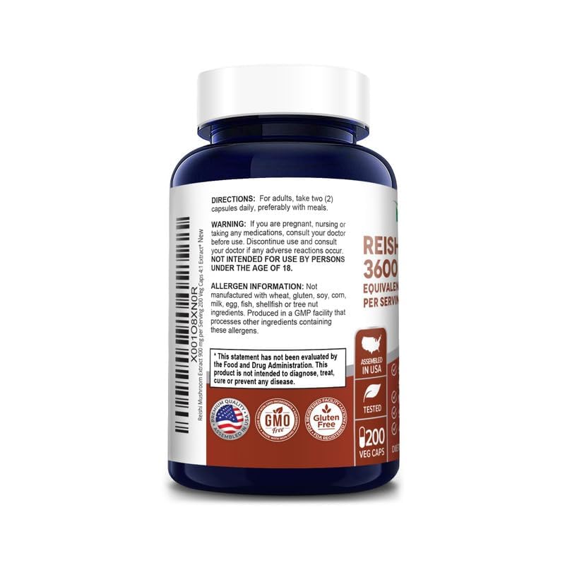 NusaPure Reishi Mushroom 4:1 Extract, 900 mg Equivalent to 3,600mg per Capsule 200 Veggie Caps Vegan, Non-GMO, Gluten-Free NusaPureAu supplements