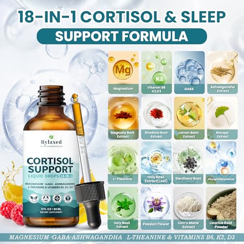 Cortisol Supplements for Women & Men, 18 in 1 Stress & Mood Support Drops with Magnesium 480mg, GABA, Ashwagandha, L-Theanine & Phosphatidylserine, for Relaxation & Sleep, Lemon Raspberry Flavor 60mL RylaxedAu supplements