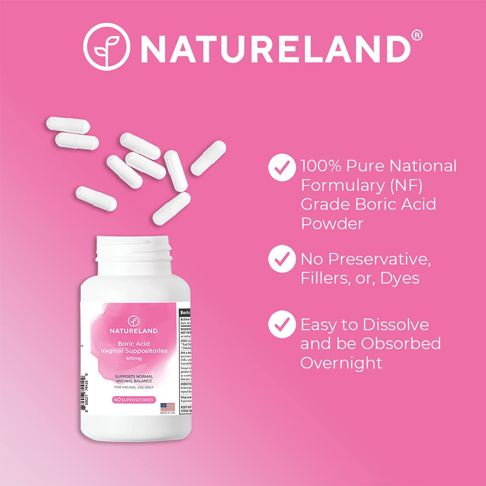 Natureland Boric Acid Suppositories for Women - 600mg, 40 Count - Made in USA - Feminine Care for pH Balance & Odor Control - Unscented Intimate Health Support NaturelandUS supplements