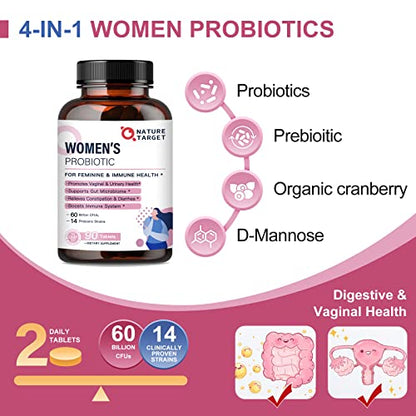 Probiotics-for-Women, Probiotics and Prebiotics, Cranberry and D-Mannose, 50-Billion NATURE TARGETUS supplements