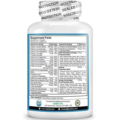 Multivitamin for Men with 38 Key Nutrients, B Complex, D3, A, C, Zinc, Magnesium, Calcium, Asian Ginseng, Ashwagandha, Turmeric for Bones, Muscle NuBestAu supplements