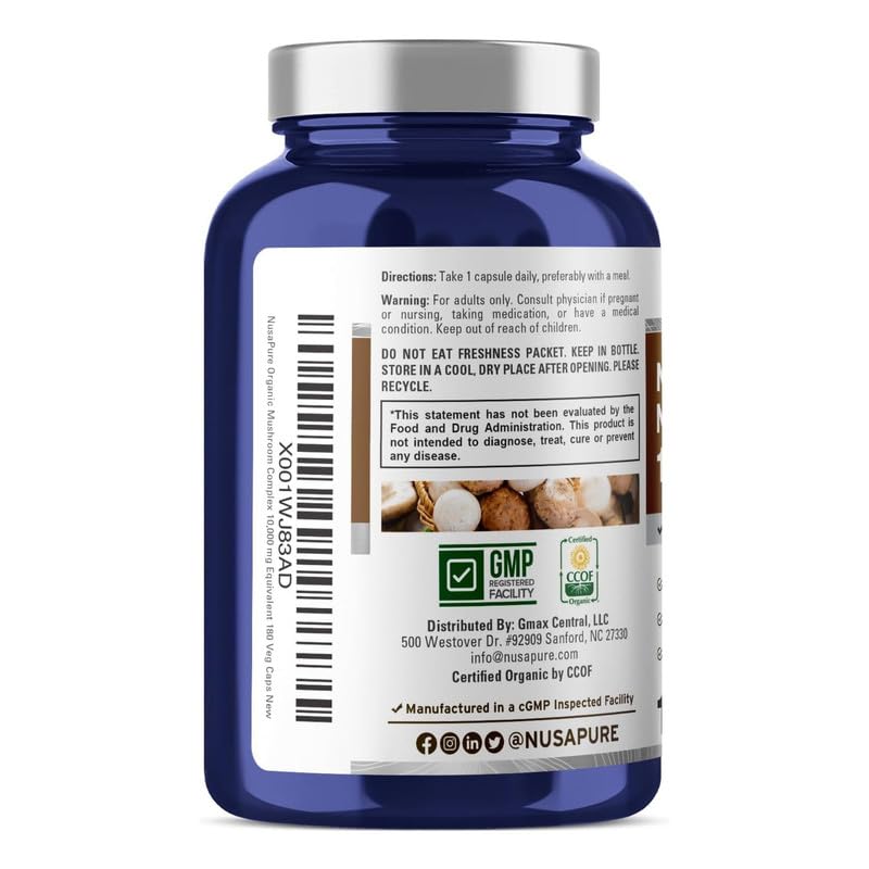 NusaPure Organic Mushroom Complex 10,000mg per Capsule, 180 Veggie Caps, Non-GMO, Enoki, Turkey Tail, Reishi, Chaga, Maitake NusaPureAu supplements