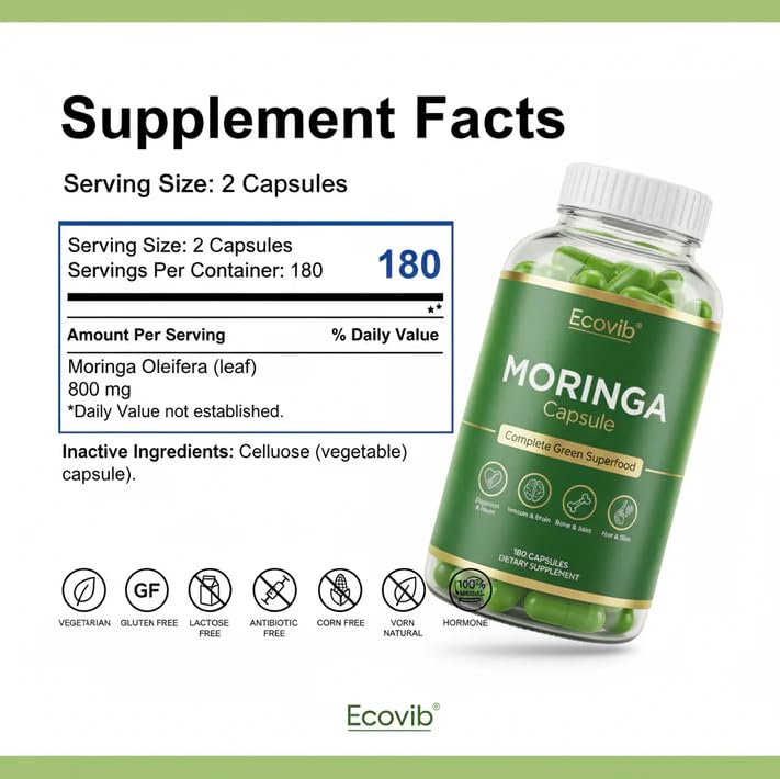 ECOVIB Moringa Capsules – 180 Vegan Capsules | Organic Superfood for Energy, Immunity & Detox ECOVIBAu supplements