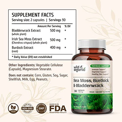 Sea Moss Capsules - 180 Caps Wildcrafted Irish Moss, Burdock Root & Bladderwrack Wild & OrganicUS supplements