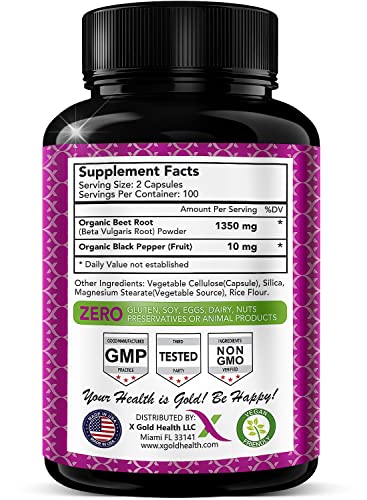 Organic Beet Root Powder 1350mg 200 Veggie caps Superfood Nitric Oxide Strongest X Gold HealthAu supplements
