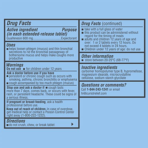 Curist Guaifenesin 600 mg Extended Release Tablets (300 Dye-Free Tablets) - Expectorant CuristAu supplements