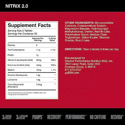 BSN NITRIX 2.0 - Nitric Oxide Precursors, 3g Creatine, 3g L Citrulline - Supports Workout BSNUS supplements