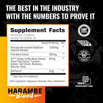 Harambe Pump - Nitric Oxide Supplement with Nitrosigine, S7, and BioPerine - Best Pre Harambe BloodUS supplements