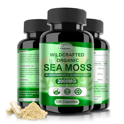 Fleamart 2 Pack Irish Sea Moss Capsules 120ct Raw Organic Sea Moss Wildcrafted Bladder FleamartUS supplements