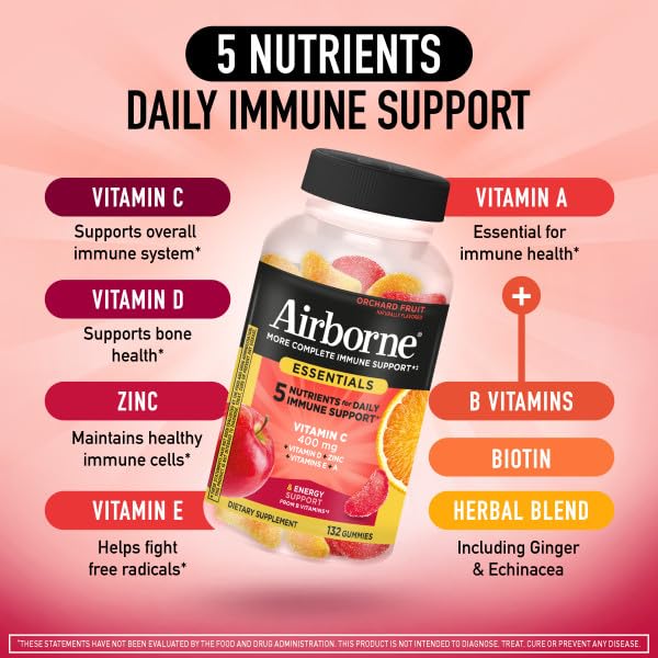 Airborne 400mg Vitamin C Gummies for Adults & Children, Immune Essentials Daily Immune Support Supplement with Vitamins C & E - Orchard Fruit Flavor, 132 Gummies (Pack of 2) AirborneAu supplements
