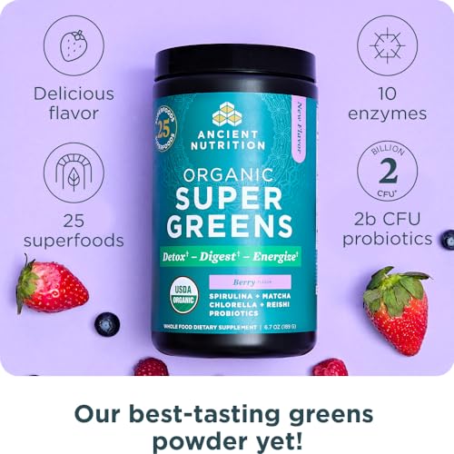 Ancient Nutrition SuperGreens Powder with Probiotics, Organic Berry Flavor Greens, Made from Real Fruits, Vegetables and Herbs, Digestive and Energy Support, 25 Servings, 6.7oz Ancient NutritionAu supplements