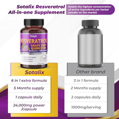 Resveratrol 24,000mg with Grape Seed + Quercetin Berberine + Milk Thistle Powerful Anti SOTALIX SUPPLEMENTUS supplements