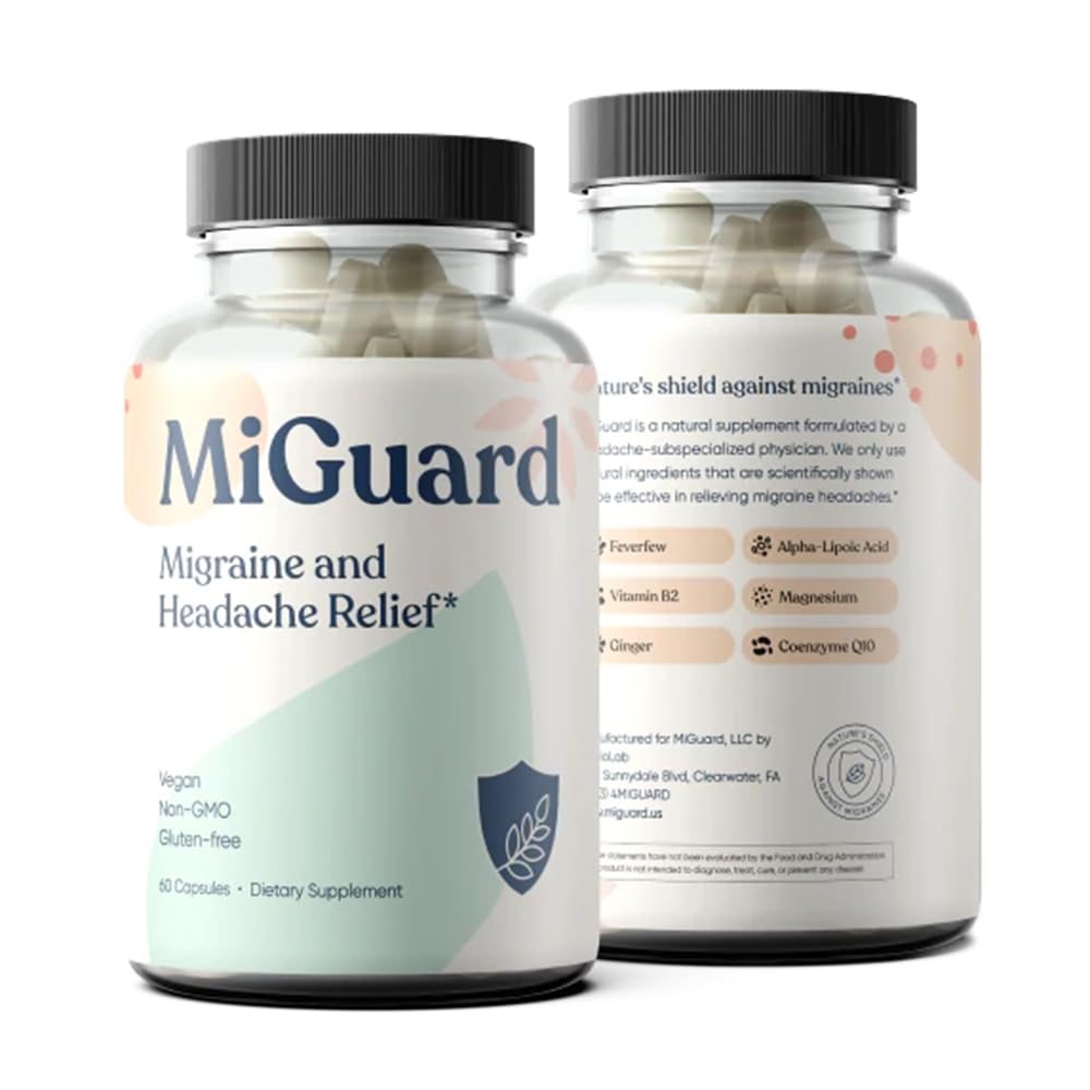 Headache and Migraine Relief Supplements - Drug Free Migraine Prevention Supplement - Natural Supplements for Migraine Headaches - Helps Reduce Frequency & Severity (60 Capsules) MIGUARDAu supplements