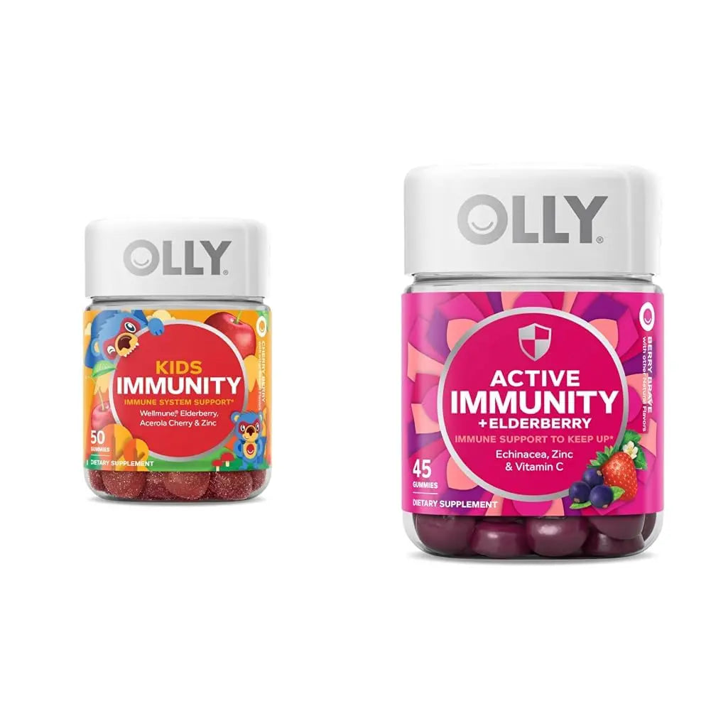 OLLY Kids Immunity Gummy, Immune Support, Wellmune, Elderberry, Vitamin C, Zinc, Chewable Supplement, Cherry - 50 Count & Gummy Active Immunity+Elderberry, 45 Gummies (1 Pack), Berry Flavor OLLYAu supplements