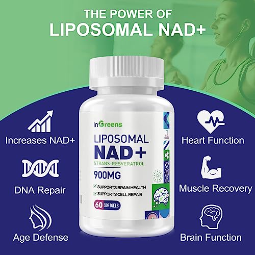 inGreens 900mg Liposomal NAD+ Supplement with 300mg Trans Resveratrol - Superior Absorption, Replaces NMN, Boost NAD+ for DNA Repair, Energy & Longevity, Aging Defense, 60 Softgels inGreensAu supplements