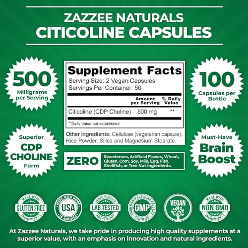 Zazzee Extra Strength Citicoline CDP Choline, 500 mg per Serving, 100 Vegan Capsules ZazzeeUS supplements