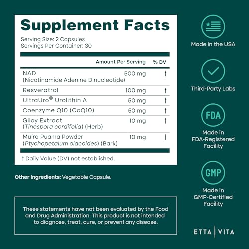Liposomal NAD+ Supplement - Resveratrol, Urolithin A, CoQ10 & Muira Puama (Made in USA) NAD Supplement for Natural Energy, Brain Fog, Digestion, Detox, Gut Health, Microbiome, NR NMN Replacement Etta VitaAu supplements