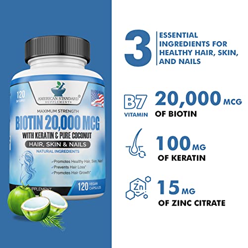 Biotin 20,000mcg with Keratin, Organic Coconut and Zinc, Hair Growth Supplements, Biotin American Standard SupplementsUS supplements