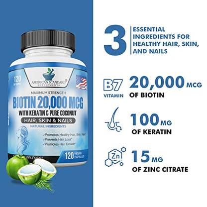 Biotin 20,000mcg with Keratin, Organic Coconut and Zinc, Hair Growth Supplements, Biotin American Standard SupplementsUS supplements