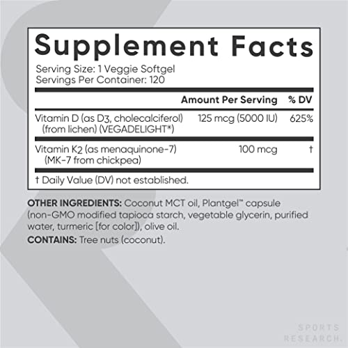 Sports Research Vitamin D3 + K2 with 5000iu of Plant-Based D3 & 100mcg of Vitamin Sports ResearchUS supplements