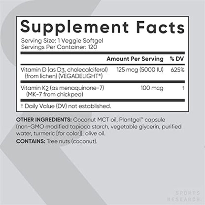 Sports Research Vitamin D3 + K2 with 5000iu of Plant-Based D3 & 100mcg of Vitamin Sports ResearchUS supplements