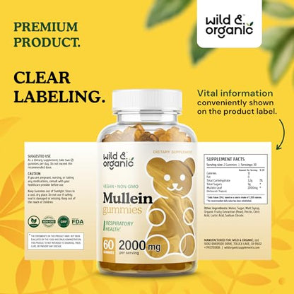Wild & Organic Mullein Gummies - Daily Dietary Supplement for Respiratory, Digestive Wild & OrganicUS supplements