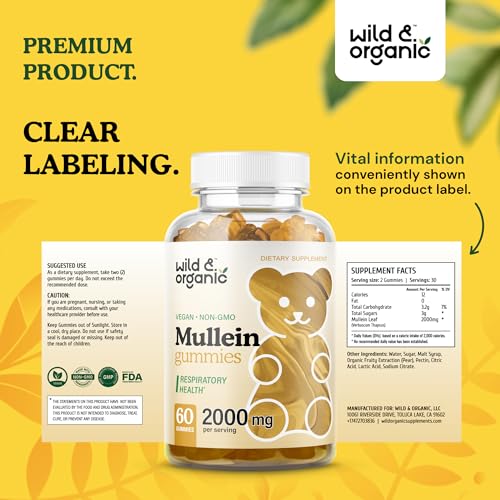 Wild & Organic Mullein Gummies - Daily Dietary Supplement for Respiratory, Digestive Wild & OrganicUS supplements