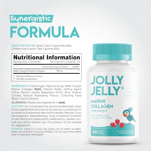Marine Collagen Gummies by Jolly Jelly® - Wild-Caught Marine Collagen Tapioca Gummies - Type 1 Hydrolysed Collagen - Strawberry Flavour - 60 Gummies. JOLLY JELLYUS supplements