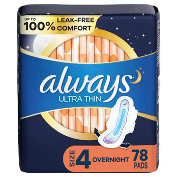 Always Ultra Thin Feminine Pads with Wings for Women, Size 4, Overnight Absorbency, Unscented AlwaysAu supplements