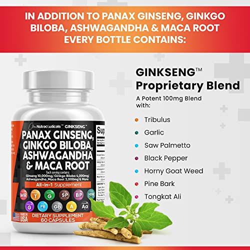 Panax Ginseng 10000mg Ginkgo Biloba 4000mg Ashwagandha Maca Root Clean NutraceuticalsUS supplements
