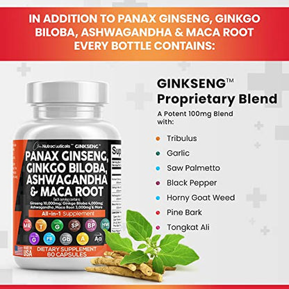 Panax Ginseng 10000mg Ginkgo Biloba 4000mg Ashwagandha Maca Root Clean NutraceuticalsUS supplements