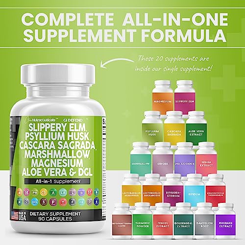 Slippery Elm 5000mg Psyllium Husk 2000mg Pre Probiotic Digestive Gut Clean NutraceuticalsUS supplements