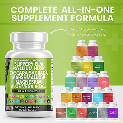 Slippery Elm 5000mg Psyllium Husk 2000mg Pre Probiotic Digestive Gut Clean NutraceuticalsUS supplements