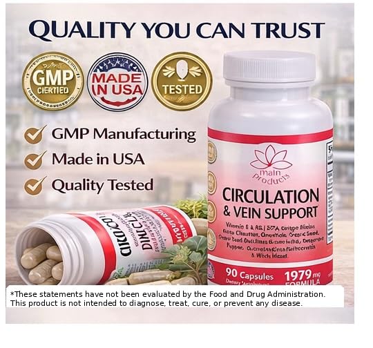 Circulation & Vein Support Supplement - Vitamins E & B3, Ginkgo Biloba, Horse Chestnut, Gotu Kola, Grape Seed, Butcher's Broom & Citrus Bioflavonoids - 1979 mg Formula - 90 Capsules - 30 Days Supply. Main ProductsAu supplements