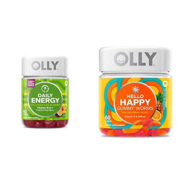 OLLY Daily Energy Gummy, Caffeine Free, Vitamin B12, CoQ10, Goji Berry, Adult Chewable Supplement & Hello Happy Gummy Worms, Mood Balance Support, Vitamin D, Saffron, Adult Chewable Supplement OLLYAu supplements