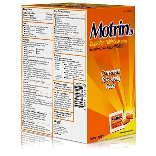 Motrin IB, Ibuprofen 200mg Tablets, NSAID Pain & Fever Reliever for Headache, Backache, Muscular Aches, Arthritis Pain Reliever, 50 Travel Packets of 2, 100 ct MotrinAu supplements