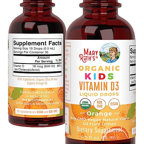MaryRuth Organics USDA Organic Vitamin D3 Liquid Drops for Kids | 640 IU Vitamin D3 Per Serving | Kids Immune Support & Bone Health Supplement | Formulated for Ages 4-13 | 0.5oz | 30 Servings MARYRUTH'SUS supplements