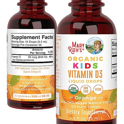 MaryRuth Organics USDA Organic Vitamin D3 Liquid Drops for Kids | 640 IU Vitamin D3 Per Serving | Kids Immune Support & Bone Health Supplement | Formulated for Ages 4-13 | 0.5oz | 30 Servings MARYRUTH'SUS supplements
