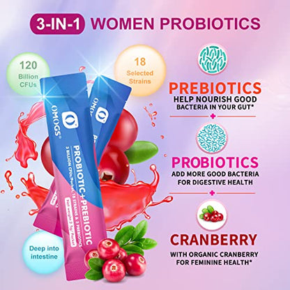 OMOGS Women's Probiotic,120-Billion-CFUs, 18 Strains, with 3 Prebiotics and Cranberry OMOGSUS supplements