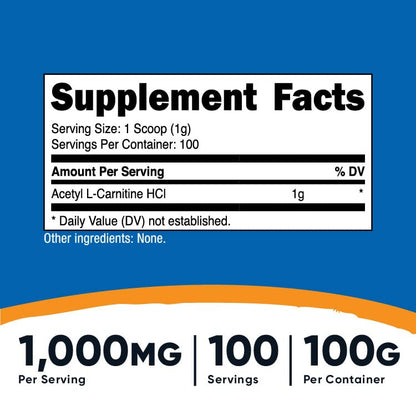 Nutricost Acetyl L-Carnitine (ALCAR) 100 Grams - 1000mg Per Serving - Non-GMO, Gluten Free NutricostUS supplements