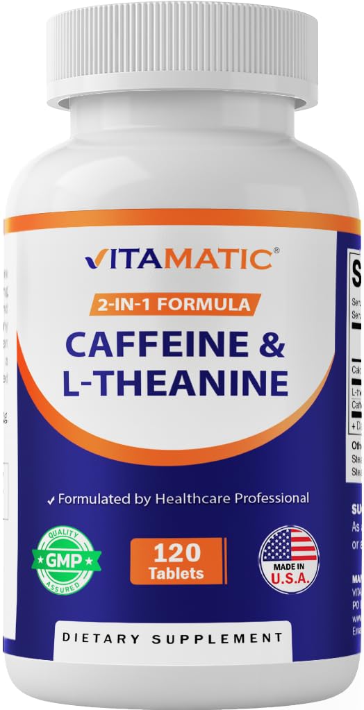 Vitamatic L-Theanine 200mg with Caffeine 100mg – 120 Vegetarian Tablets Nootropic Supplement for Focused Energy & Mental Clarity VitamaticAu supplements
