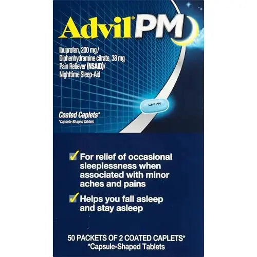 Advil PM Pain Reliever and Nighttime Sleep Aid, Pain Medicine with Ibuprofen for Pain Relief and Diphenhydramine Citrate for a Sleep Aid - 50x2 Coated Caplets AdvilAu supplements