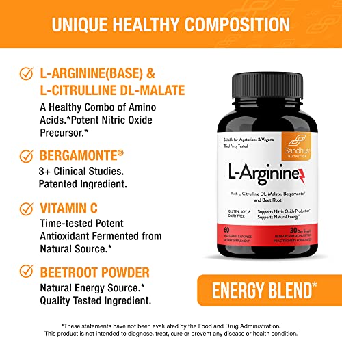 Sandhu's L-Arginine with Nitric Oxide Precursor | Made in The USA| 30 Days Supply Sandhu'sUS supplements