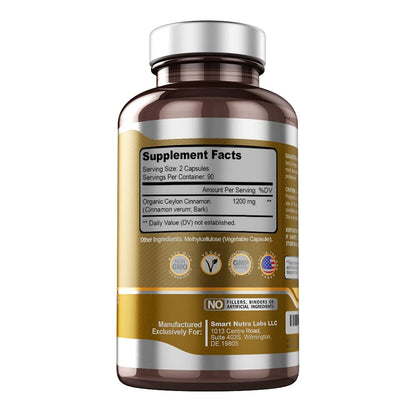SMART NUTRA LABS Organic Ceylon Cinnamon Supplement 1200mg per SMART NUTRA LABSUS supplements