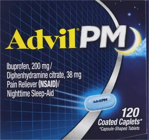 Advil PM Pain Reliever and Nighttime Sleep Aid, Pain Medicine with Ibuprofen for Pain Relief and Diphenhydramine Citrate for A Sleep Aid - 120 Coated Caplets (Pack of 2) AdvilAu supplements