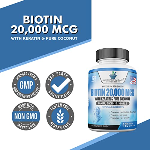 Biotin 20,000mcg with Keratin, Organic Coconut and Zinc, Hair Growth Supplements, Biotin American Standard SupplementsAu supplements